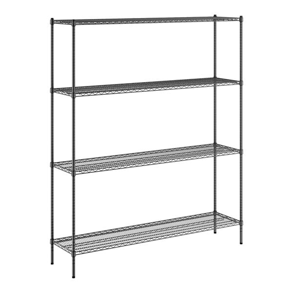 A black Regency wire shelving unit with four shelves.