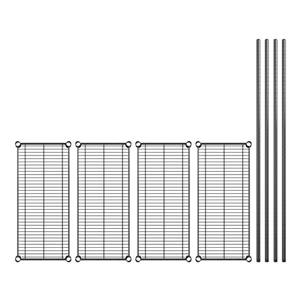 A row of Regency wire shelving units with black metal shelves and posts.
