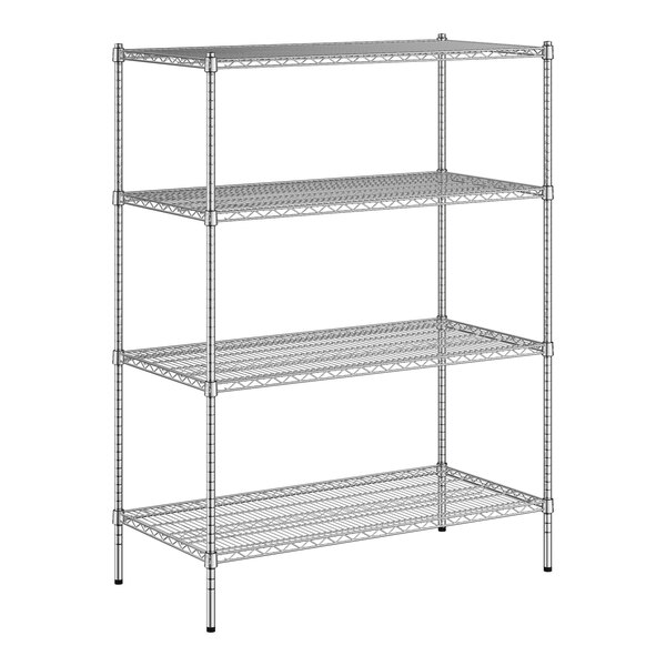 A wireframe of a Regency chrome wire shelving unit with four shelves.
