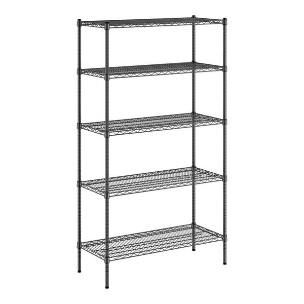 A black wire shelving unit with five shelves.