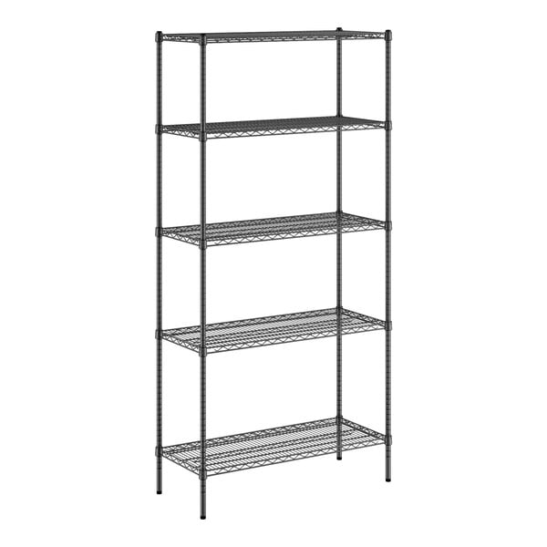 A black metal wire shelving unit with five shelves.