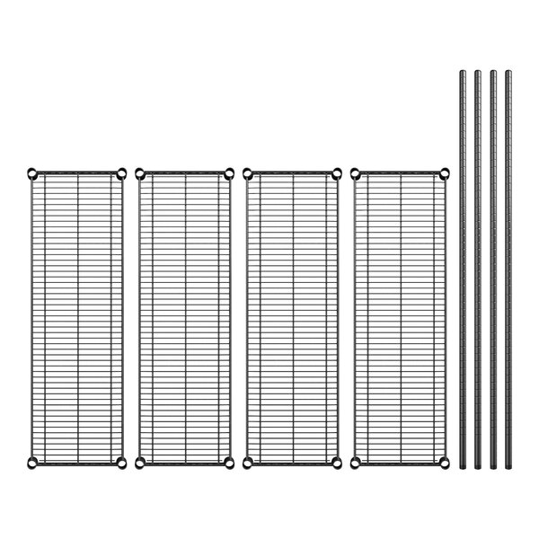 A row of black metal shelves on white metal bars.