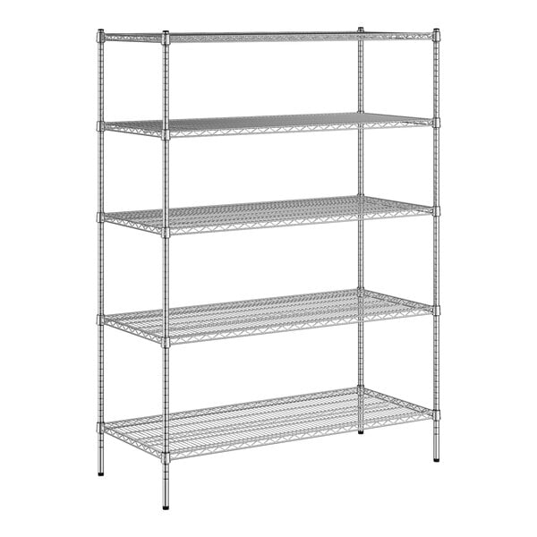 A white wireframe of a Regency metal shelving unit with four shelves.