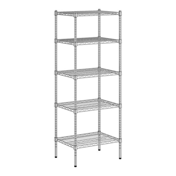 A chrome wire shelving unit with four shelves.