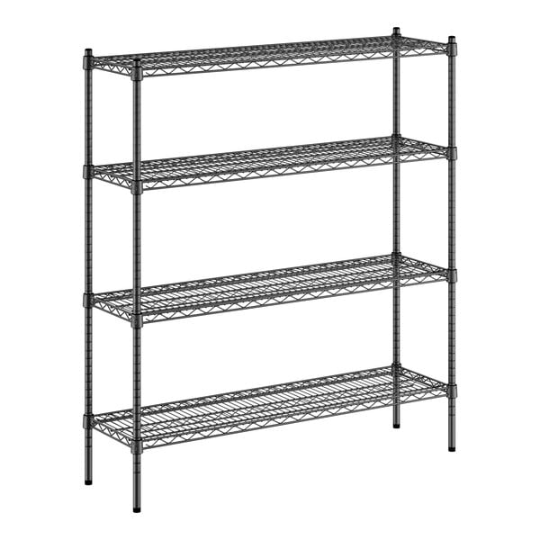 A black wire shelving unit with four shelves.