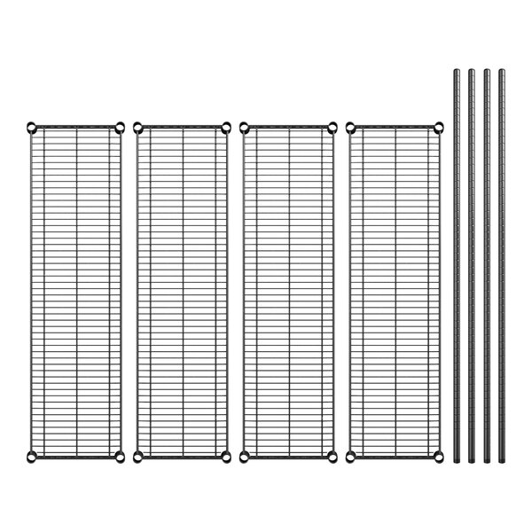 A set of four black metal wire shelves with metal rods.