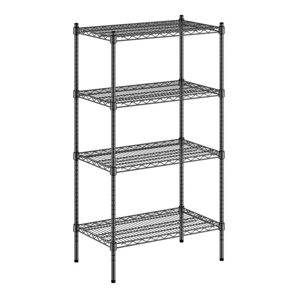 A black wire Regency shelving unit with four shelves.