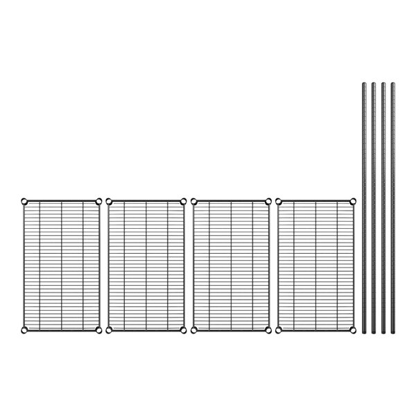 A set of four black metal shelves with a grid.