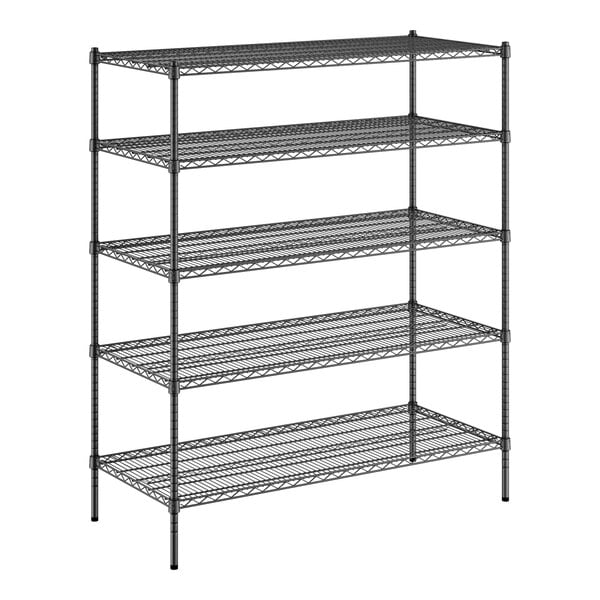 A black wire shelving unit with five shelves.