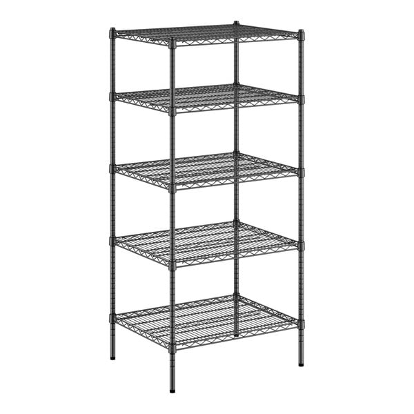 A black Regency wire shelving unit with five shelves.