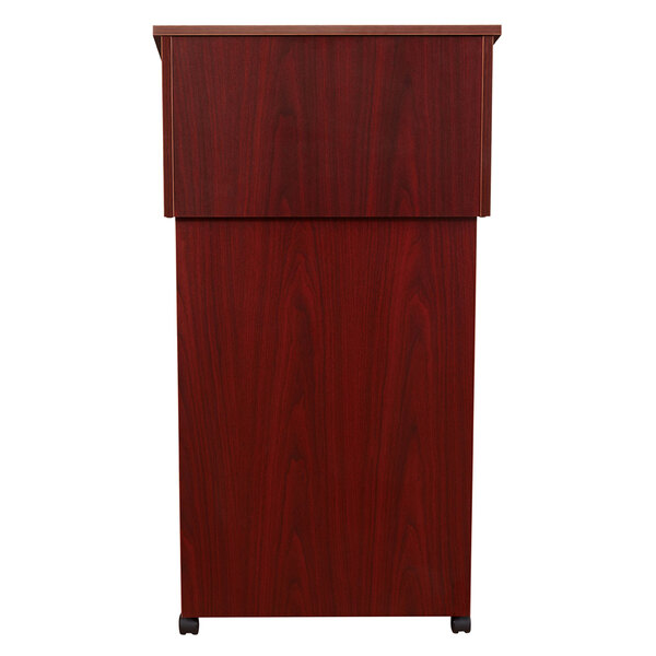 A wooden Oklahoma Sound mahogany podium on a wood panel.