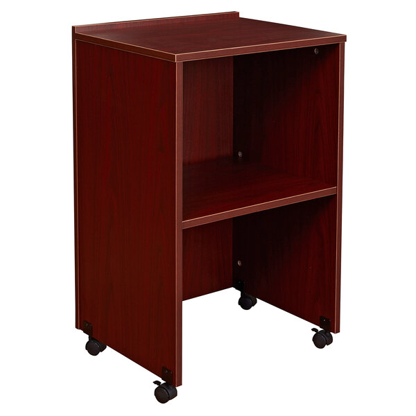 a wooden shelf on wheels