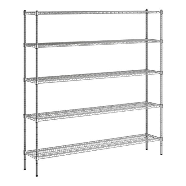 A white wireframe of a Regency chrome wire shelving unit with four shelves.