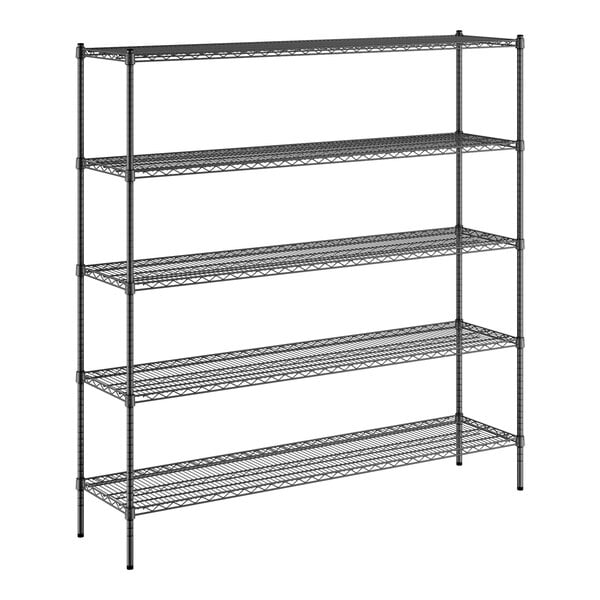 A black metal Regency wire shelving unit with four shelves.