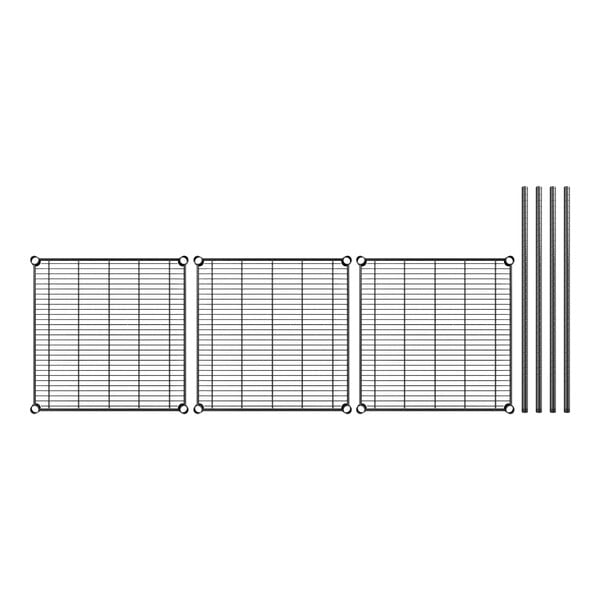 A black wire grid shelf kit with metal rods.