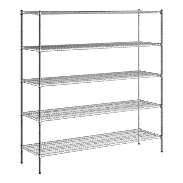 A wireframe of a Regency chrome wire shelving unit with five shelves.