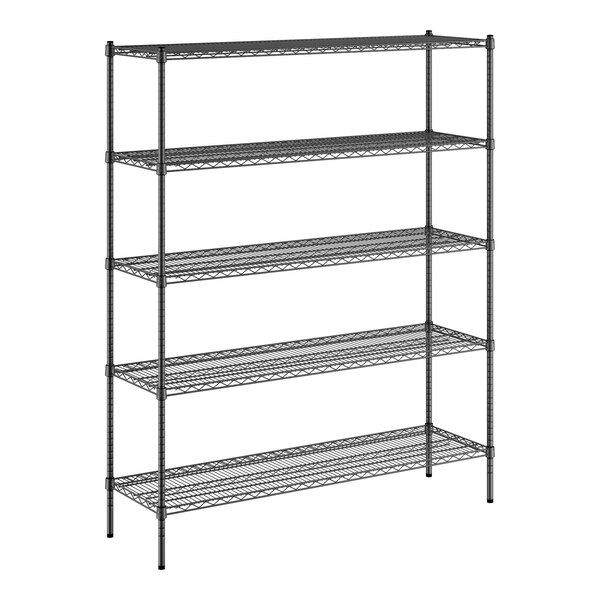 A black Regency wire shelving unit with five shelves.