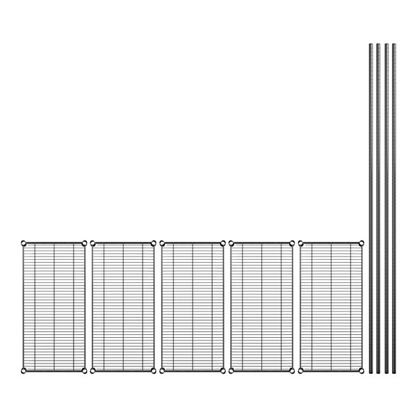 A row of black wire mesh panels and metal rods for a Regency black wire shelving kit.