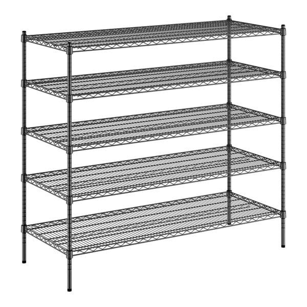 A Regency black wire shelving unit with five shelves.