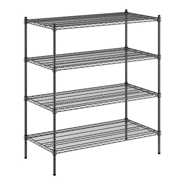 A black metal Regency wire shelving unit with four shelves.