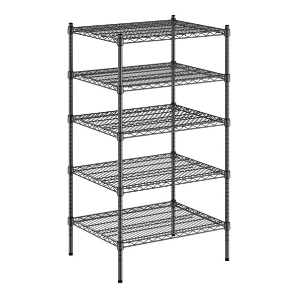 A black metal Regency wire shelving unit with five shelves.