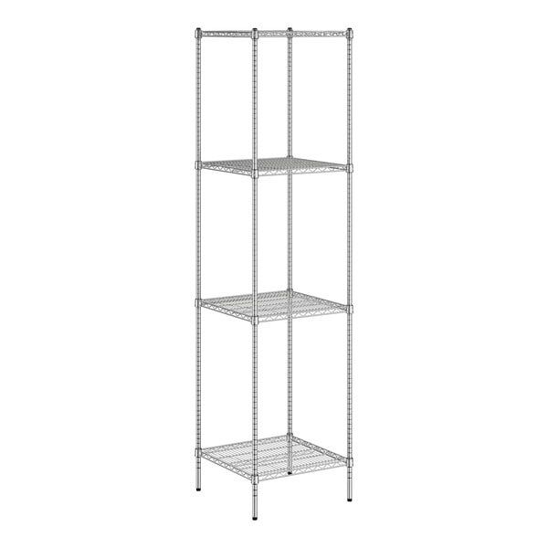 A wireframe metal shelf kit with four shelves.