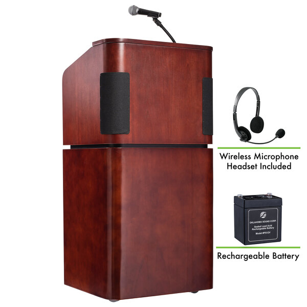 A wooden podium with a mahogany on walnut finish, microphone, and wireless headset.