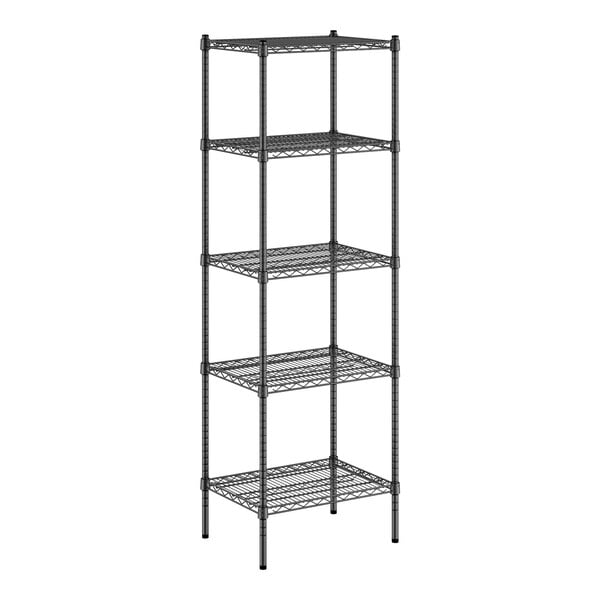 A black wire shelving unit with four shelves.