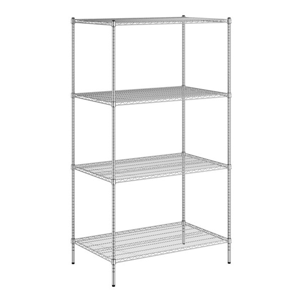 A wireframe of a Regency chrome wire shelf kit with four shelves.