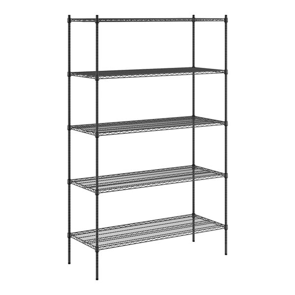 A Regency black wire shelving unit with five shelves.