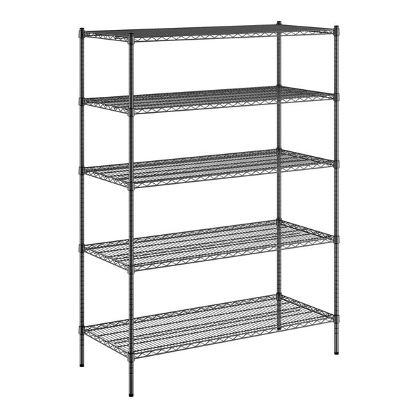 A black wire Regency shelving unit with five shelves.