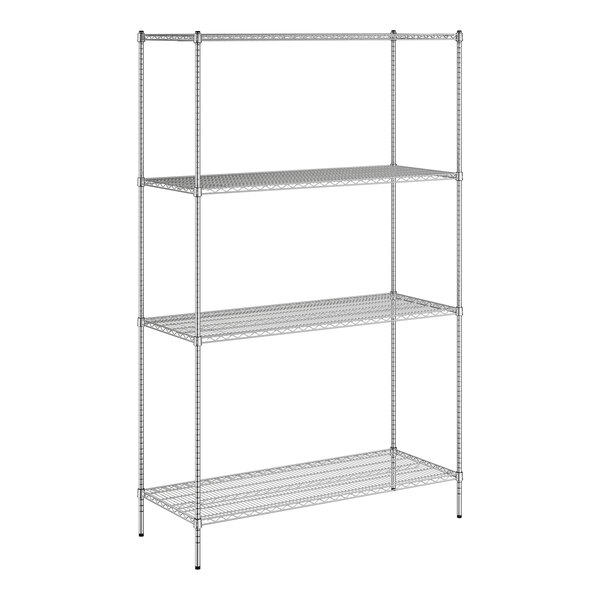 A wire shelving unit with four shelves.