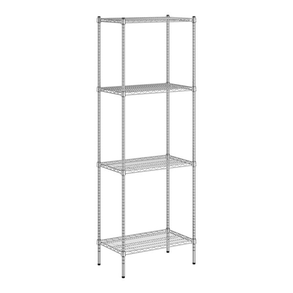 A wireframe of a Regency chrome wire shelf kit with four shelves.