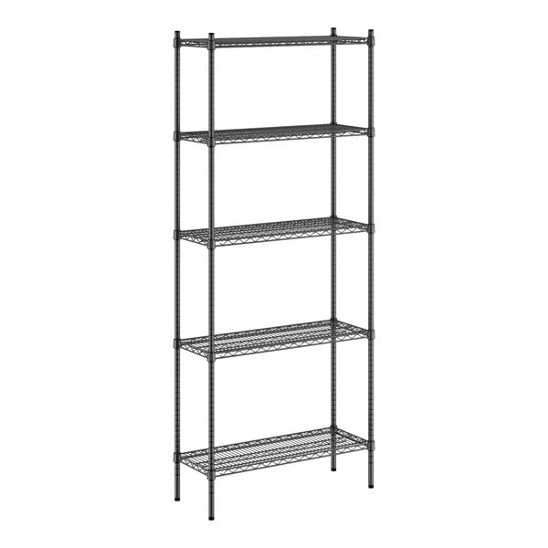 A Regency black metal wire shelving unit with five shelves.