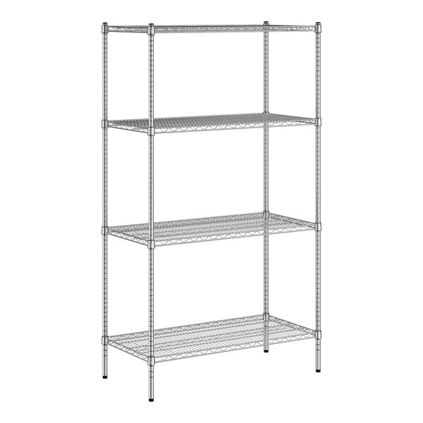 A Regency chrome wire shelving unit with four shelves.