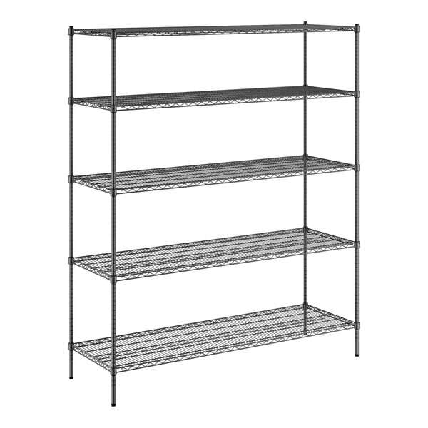 A black wire shelving unit with five shelves.