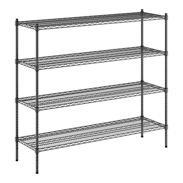 A black wire shelving unit with four shelves.