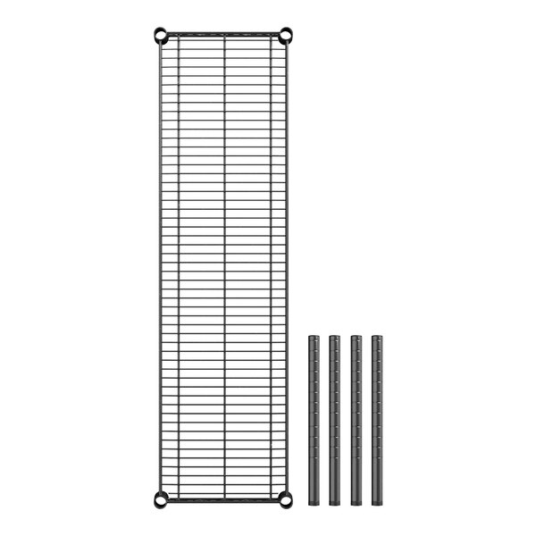 A black wire rack with rectangular metal bars and four black metal rods.