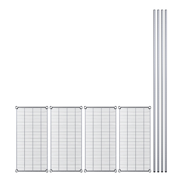 A wire rack with metal shelves and rods.
