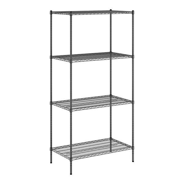 A black wire shelving unit with four shelves.