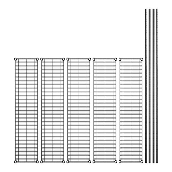 A set of four black metal shelves with wire racks.