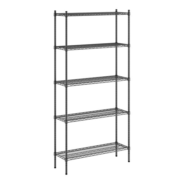 A black Regency wire shelving unit with five shelves.