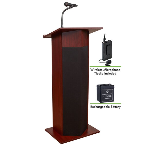 A mahogany Oklahoma Sound Power Plus lectern with a wireless tie-clip microphone.