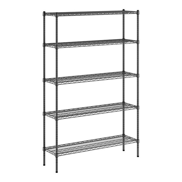 A black wire shelving unit with four shelves.