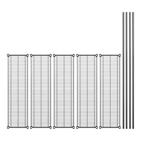 A white background with a Regency black wire shelving kit with several metal rods.