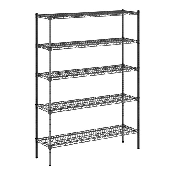 A black metal Regency wire shelving unit with four shelves.