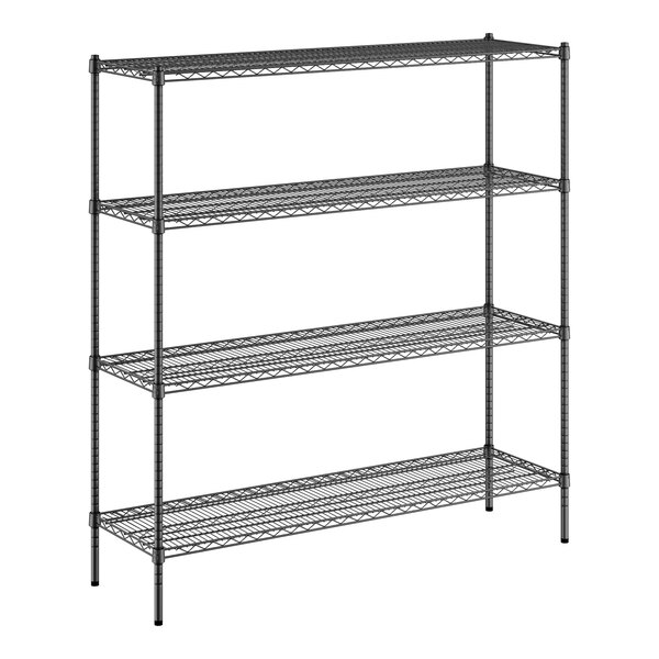 A black metal Regency wire shelving unit with four shelves.