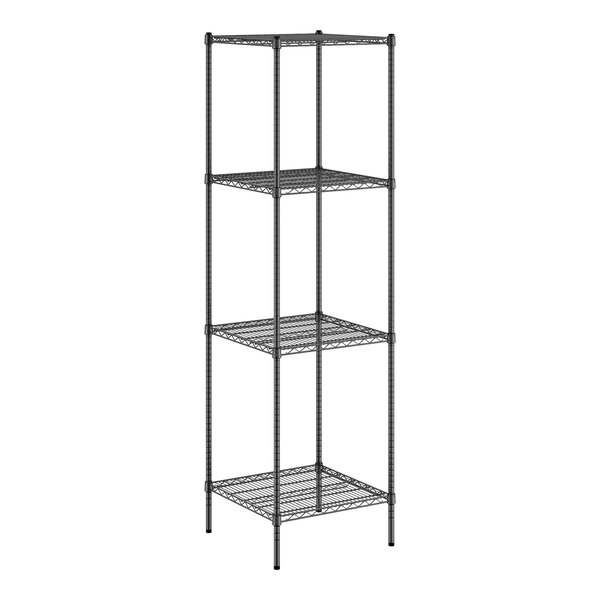 A black wire shelving unit with four shelves.