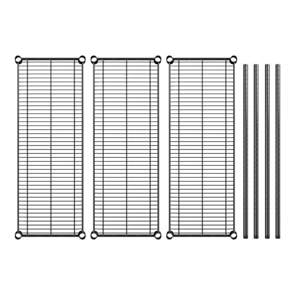 A Regency black wire shelving kit with three shelves and metal posts.