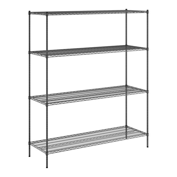 A Regency black wire shelving unit with four shelves.